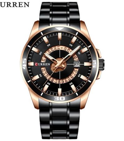 Front view of the Curren 8359 stainless steel men's watch, featuring a black and rose gold dial and a black metal bracelet.