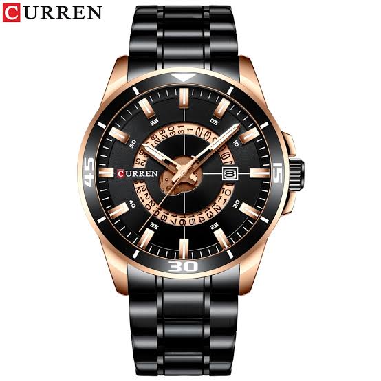 Front view of the Curren 8359 stainless steel men's watch, featuring a black and rose gold dial and a black metal bracelet.