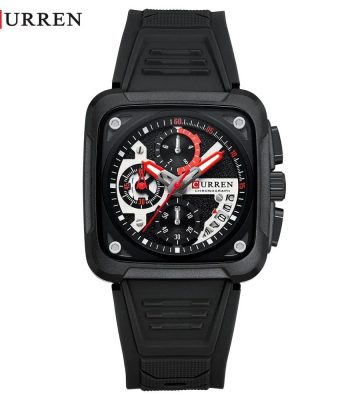 A front view of the CURREN 8461 men's watch, featuring a square black case, a black silicone strap, and a detailed dial.