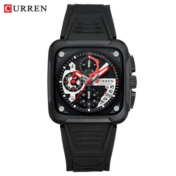A front view of the CURREN 8461 men's watch, featuring a square black case, a black silicone strap, and a detailed dial.