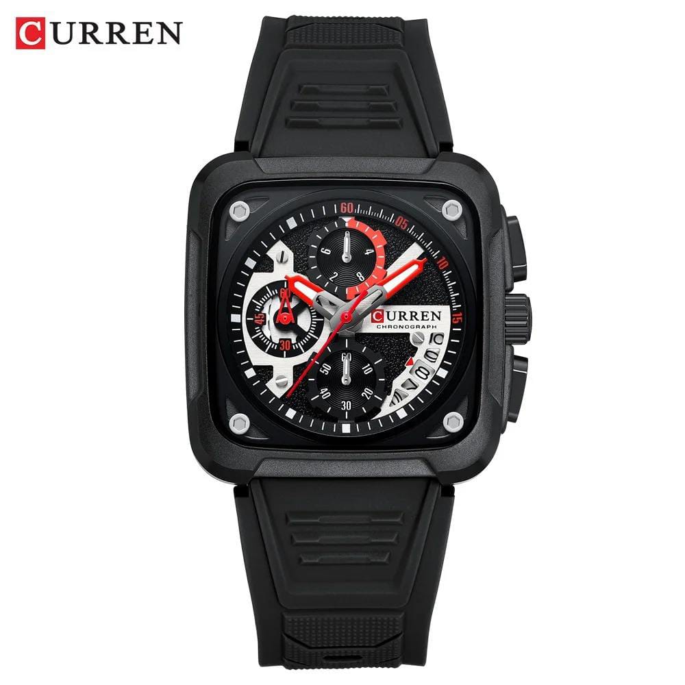 A front view of the CURREN 8461 men's watch, featuring a square black case, a black silicone strap, and a detailed dial.