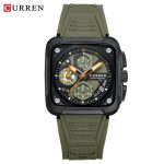 Front view of the CURREN 8461 Men's Square Multifunction Quartz Watch with an olive green silicone strap and black dial.