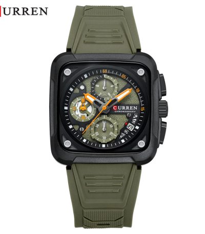 Front view of the CURREN 8461 Men's Square Multifunction Quartz Watch with an olive green silicone strap and black dial.