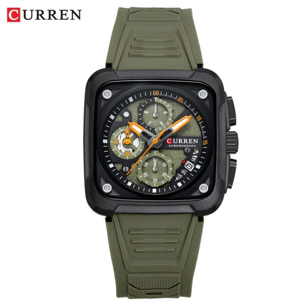 Front view of the CURREN 8461 Men's Square Multifunction Quartz Watch with an olive green silicone strap and black dial.