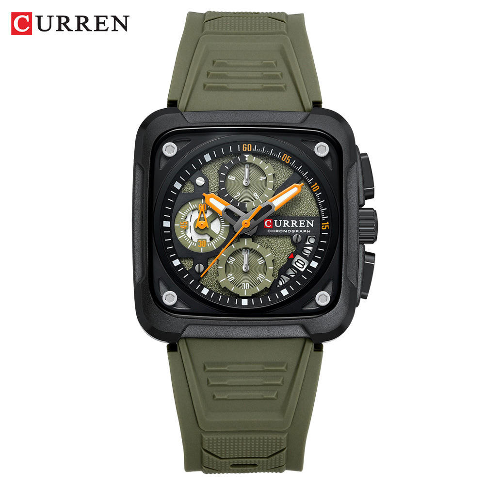Front view of the CURREN 8461 Men's Square Multifunction Quartz Watch with an olive green silicone strap and black dial.