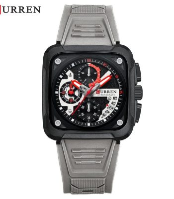 CURREN 8461 men's square watch with a black case, grey silicone strap, and a detailed black, white, and red chronograph dial.