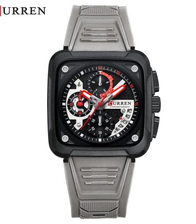 CURREN 8461 men's square watch with a black case, grey silicone strap, and a detailed black, white, and red chronograph dial.
