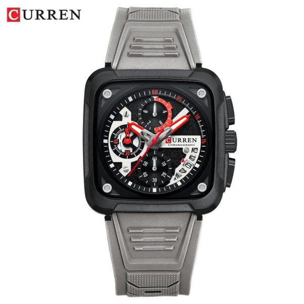 CURREN 8461 men's square watch with a black case, grey silicone strap, and a detailed black, white, and red chronograph dial.