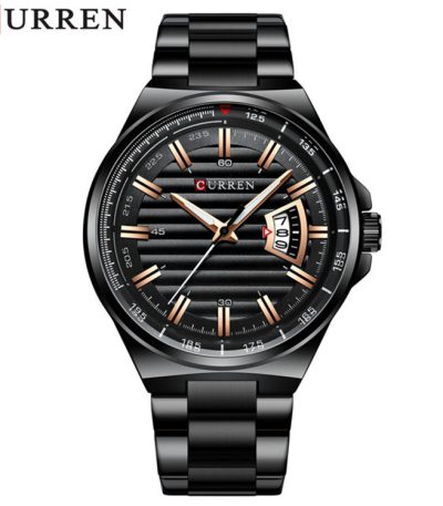 Front view of the CURREN 8375 men's stainless steel quartz watch, featuring a black case, link bracelet, and a striped black dial with gold accents.