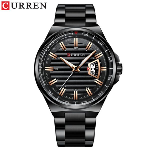 Front view of the CURREN 8375 men's stainless steel quartz watch, featuring a black case, link bracelet, and a striped black dial with gold accents.