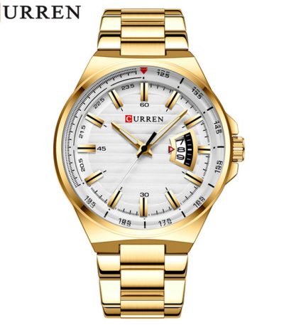 Front view of the CURREN 8375 men's watch, featuring a gold stainless steel case and bracelet with a textured white dial.