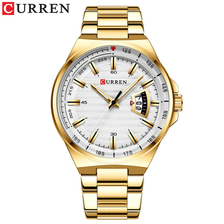 Front view of the CURREN 8375 men's watch, featuring a gold stainless steel case and bracelet with a textured white dial.