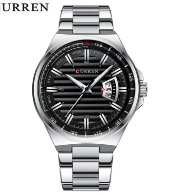 Front view of the CURREN 8375 men's watch, showing its black dial with a horizontal pattern and stainless steel bracelet.