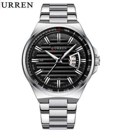 Front view of the CURREN 8375 men's watch, showing its black dial with a horizontal pattern and stainless steel bracelet.
