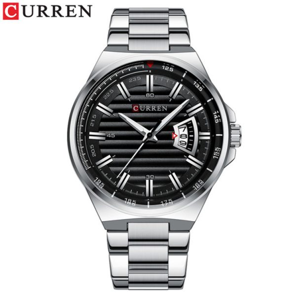 Front view of the CURREN 8375 men's watch, showing its black dial with a horizontal pattern and stainless steel bracelet.