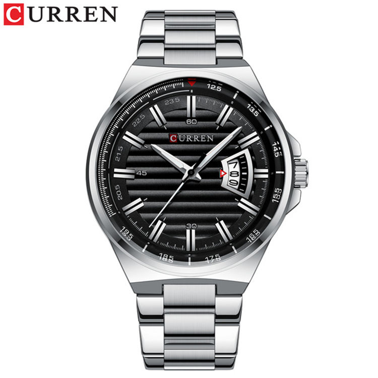 Front view of the CURREN 8375 men's watch, showing its black dial with a horizontal pattern and stainless steel bracelet.