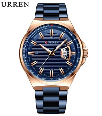A front view of the CURREN 8375 men's watch, featuring a blue stainless steel band and a blue dial within a rose-gold colored case.