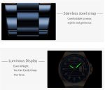 Close-up of the CURREN 8375 watch's blue stainless steel strap and another view of its luminous hands glowing in the dark.