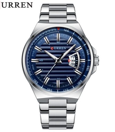 CURREN 8375 men's quartz watch shown from the front, featuring a silver stainless steel band and a classic blue dial.