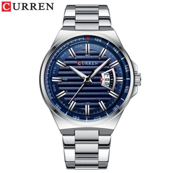 CURREN 8375 men's quartz watch shown from the front, featuring a silver stainless steel band and a classic blue dial.
