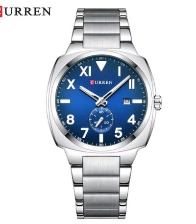 Front view of the CURREN 8472 men's watch, featuring a silver-colored case, a metal link bracelet, and a deep blue dial.