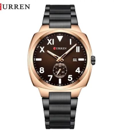 Front view of the CURREN 8472 men's quartz watch, featuring a rose gold colored case, a black link bracelet, and a brown dial.