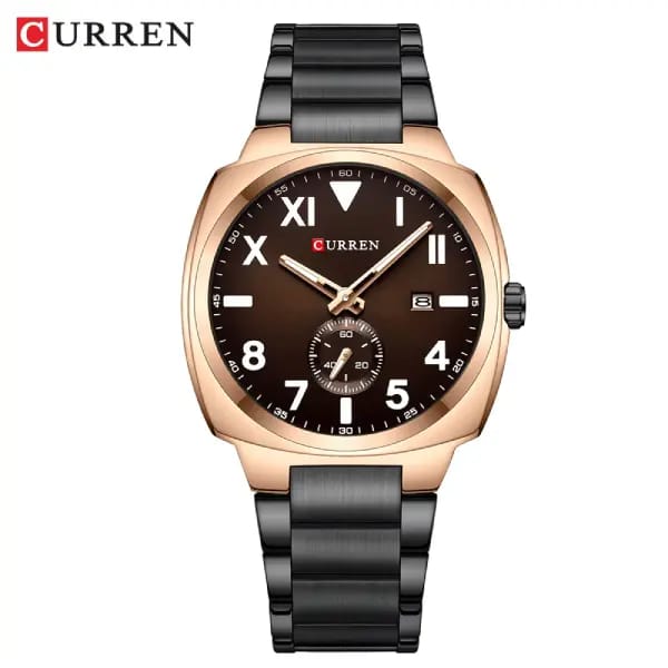 Front view of the CURREN 8472 men's quartz watch, featuring a rose gold colored case, a black link bracelet, and a brown dial.