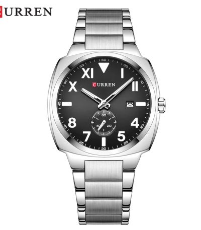 A front view of the CURREN 8472 men's watch, featuring a silver stainless steel band and a black dial with mixed numerals.