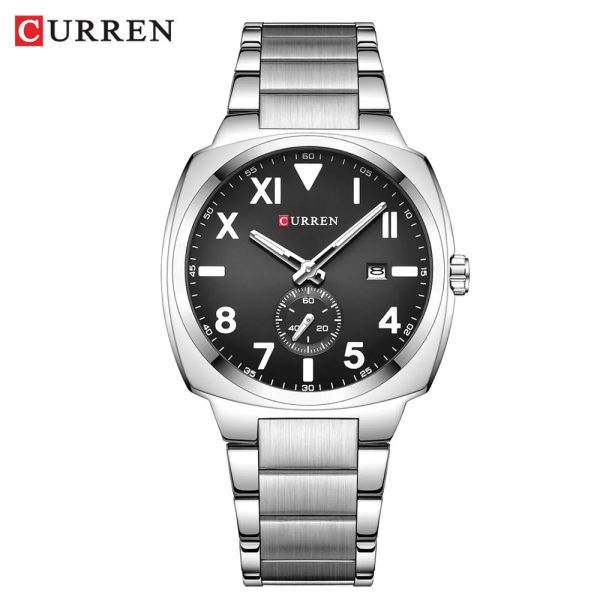 A front view of the CURREN 8472 men's watch, featuring a silver stainless steel band and a black dial with mixed numerals.