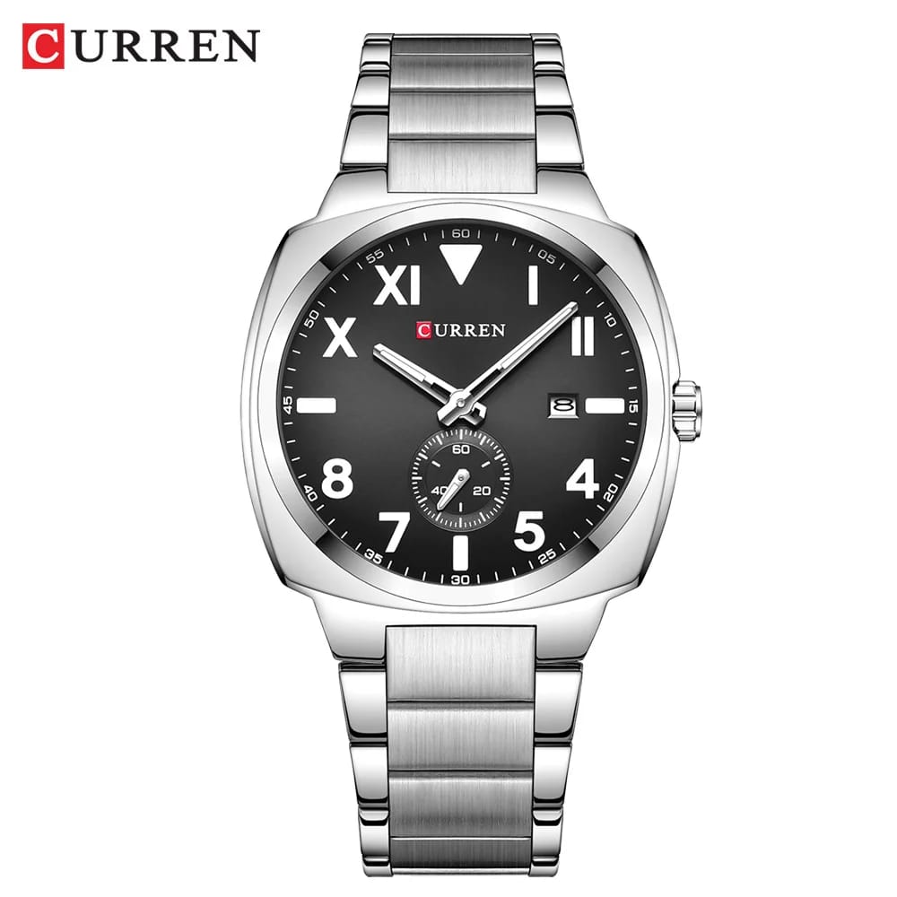 A front view of the CURREN 8472 men's watch, featuring a silver stainless steel band and a black dial with mixed numerals.