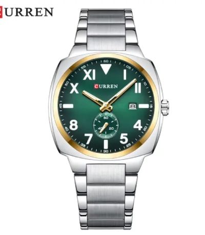 A front view of the CURREN 8472 Luminous Quartz Men's Watch, featuring a silver-tone case and bracelet with a striking green dial and gold-tone accents.