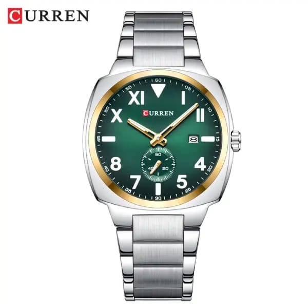 A front view of the CURREN 8472 Luminous Quartz Men's Watch, featuring a silver-tone case and bracelet with a striking green dial and gold-tone accents.