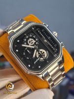 A Poedagar 628 Minimalist Quartz Watch with a black dial and stainless steel strap, shown at an angle on a yellow cushion.