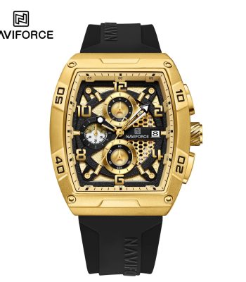 Front view of the Naviforce 8052T chronograph watch featuring a gold case, detailed black dial, and a black silicone strap.