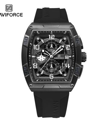 Front view of the Naviforce 8052T watch, featuring a black rectangular case, chronograph dial, and a black silicone band.