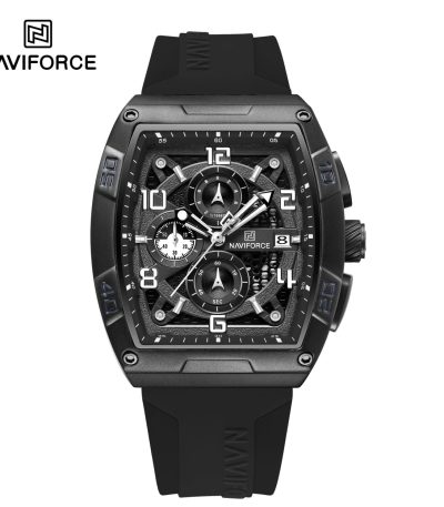 Front view of the Naviforce 8052T watch, featuring a black rectangular case, chronograph dial, and a black silicone band.