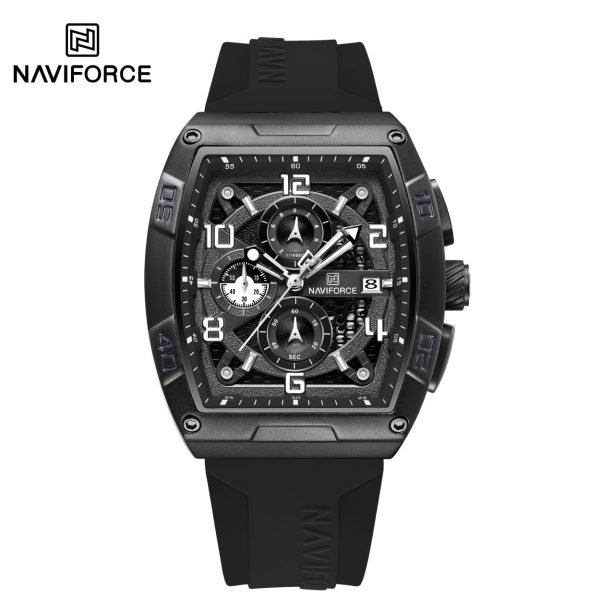 Front view of the Naviforce 8052T watch, featuring a black rectangular case, chronograph dial, and a black silicone band.