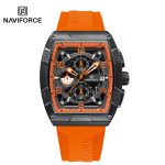 A front view of the Naviforce 8052T watch, featuring a black case with orange details and a vibrant orange silicone band.