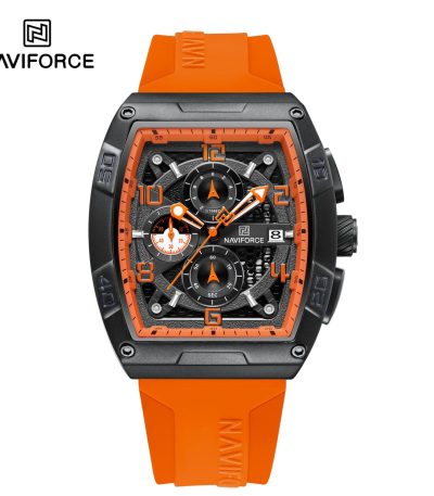A front view of the Naviforce 8052T watch, featuring a black case with orange details and a vibrant orange silicone band.