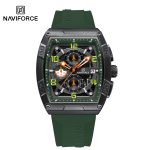 Front view of the Naviforce 8052T watch, featuring a black case, green silicone strap, and a detailed chronograph dial.