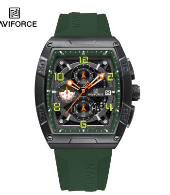 Front view of the Naviforce 8052T watch, featuring a black case, green silicone strap, and a detailed chronograph dial.