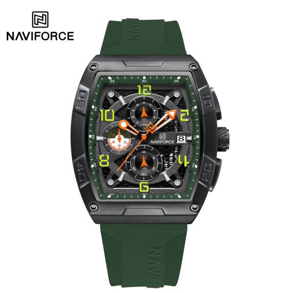 Front view of the Naviforce 8052T watch, featuring a black case, green silicone strap, and a detailed chronograph dial.