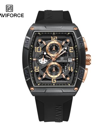 Front view of the Naviforce 8052T Black Rose Chronograph Watch, featuring a rectangular black case and a black silicone strap.
