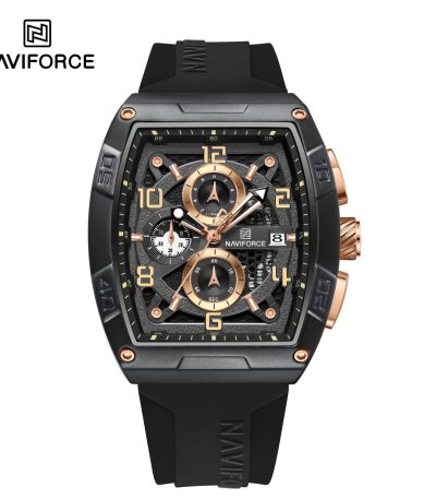 Front view of the Naviforce 8052T Black Rose Chronograph Watch, featuring a rectangular black case and a black silicone strap.