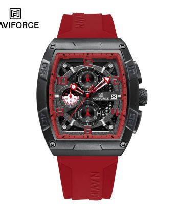 Front view of the Naviforce 8052T watch, featuring a black case, red details, and a red silicone chronograph band.