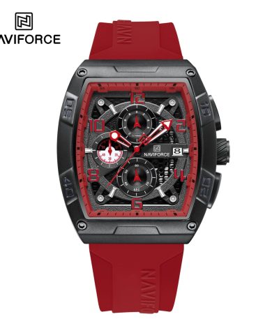 Front view of the Naviforce 8052T watch, featuring a black case, red details, and a red silicone chronograph band.