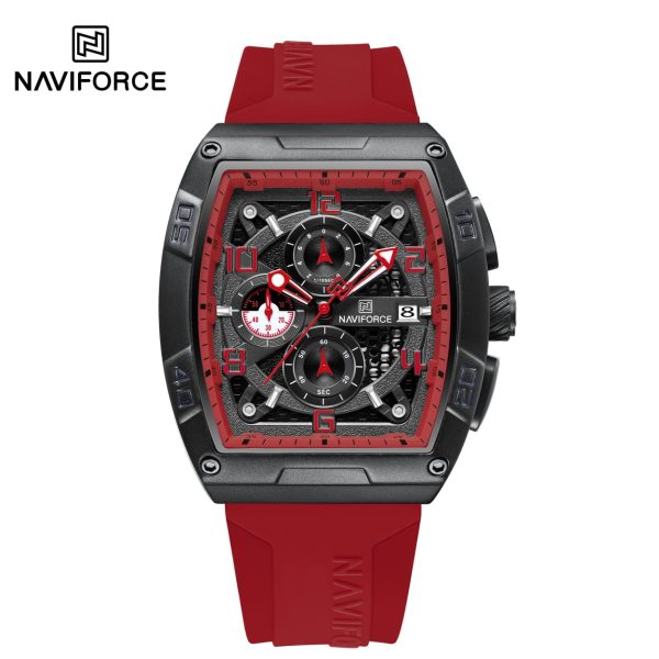 Front view of the Naviforce 8052T watch, featuring a black case, red details, and a red silicone chronograph band.