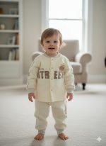 A happy baby standing in a living room wearing a cream-colored Baby Cartoon Thick Velvet Thermal Set with a bear graphic.