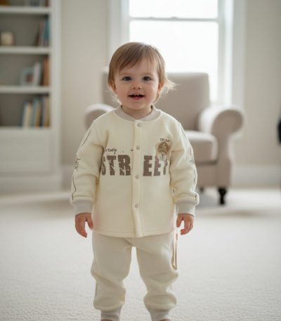 A happy baby standing in a living room wearing a cream-colored Baby Cartoon Thick Velvet Thermal Set with a bear graphic.