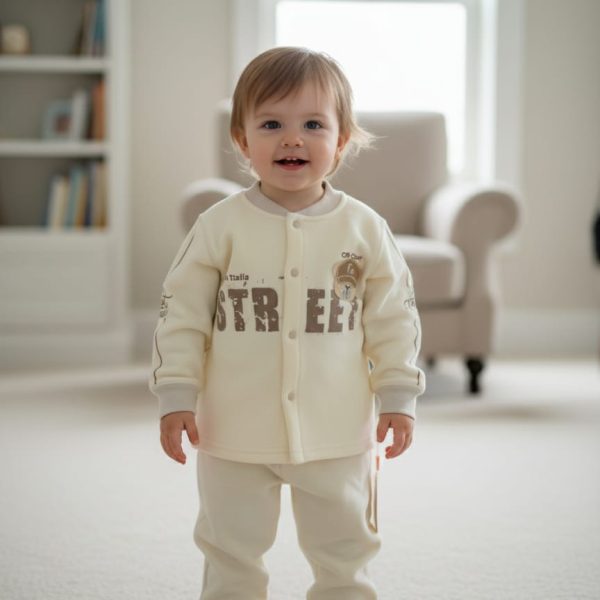 A happy baby standing in a living room wearing a cream-colored Baby Cartoon Thick Velvet Thermal Set with a bear graphic.